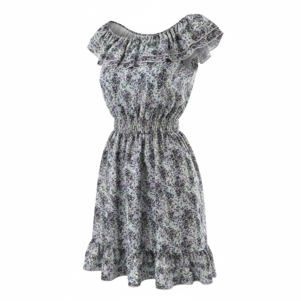 Womens Floral Ruffle Smocked Waist Sheer Dress Lavender Green Size 6 Fairy Flowy